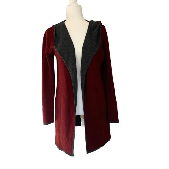 BNCI by Blanc Noir Red Wool Blend Hooded Long Sleeve Long Line Cardigan Sweater - Picture 4 of 10
